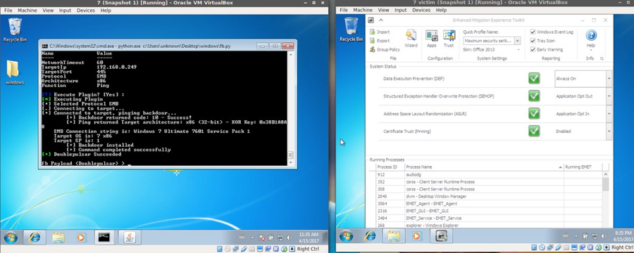 Exploiting ETERNABLUE on a Windows 7 target running EMET 5.5